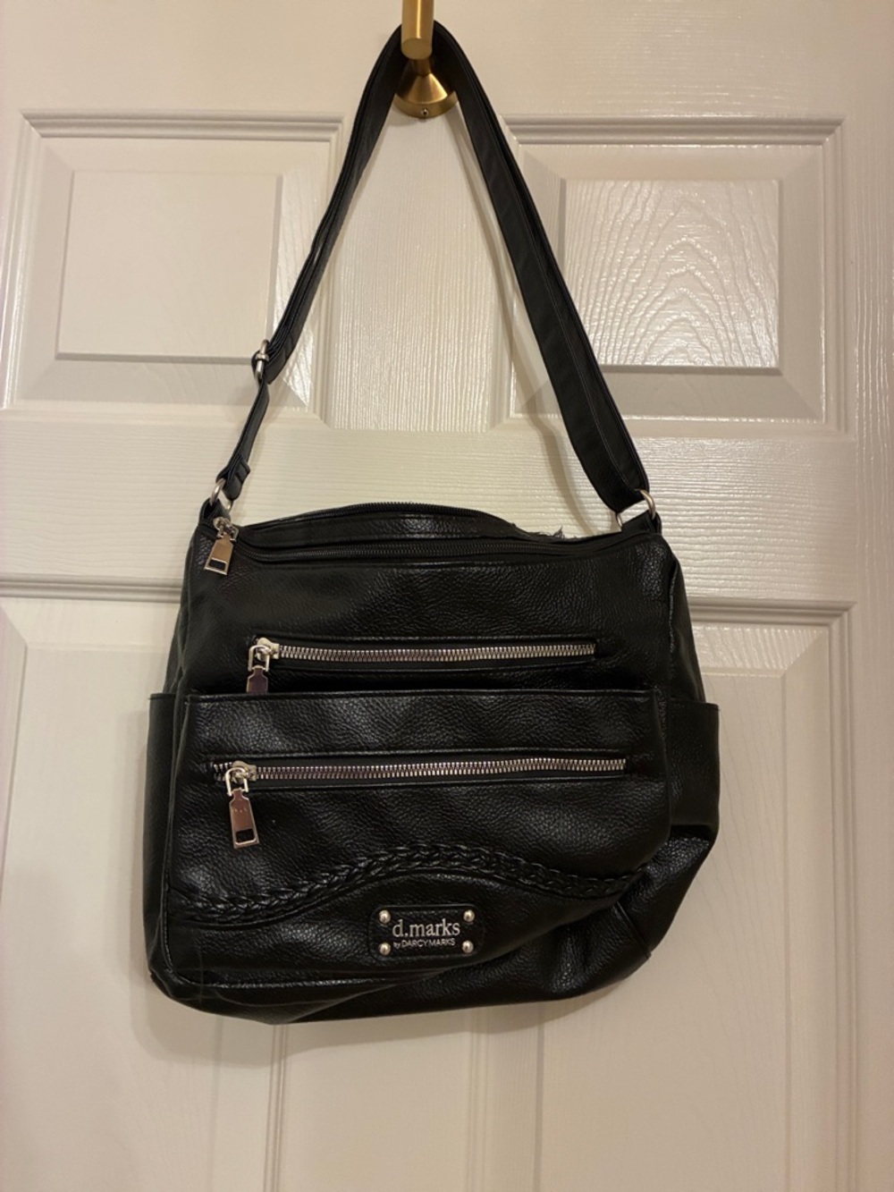 mark. Black Shoulder Bag with Front Zippers and Braided Detail‎
